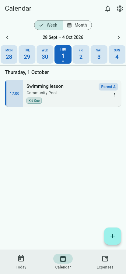 Calendar screen: week view with custody and events