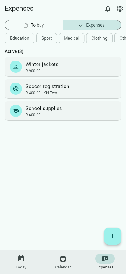 Expenses screen: shared costs split between parents