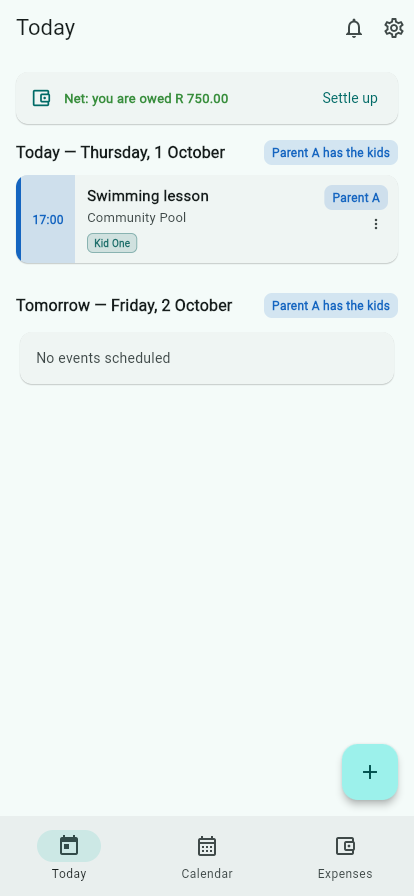 CoPlan's Today screen showing who has the kids, today's events, and a shared expense balance